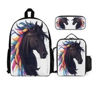 School Backpack Black,Horse with Lunch Box Pencil Case for Boys 6-8 Years, Book Pack Aniaml Motif School Supplies Bundle Year 1-2 for Primary Students Weekend Adventures and Sports