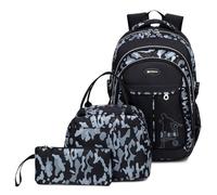 School Backpack Boys Teenager Backpack 3 Piece Set Kids School Bags Children's Backpack Camouflage Backpacks Teenagers School Daypacks Gift Shoulder Bags Set with Lunch Pack and Pencil Case, Gray
