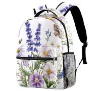School Backpack for Girls Boys Wildflowers Purple Bluebell Sage Chamomile and Butterflies Lightweight Durable Bookbag for Students