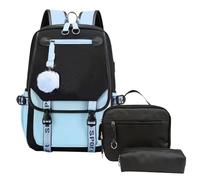 School Backpack for Girls Color-block School Bag with Lunch Box Pencil Case Set 3PCS Girls Backpack for School Kids Bookbag with USB Charging Port