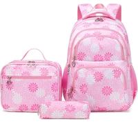 School Backpack Girls 3-Piece Set with Floral Print, Teenager Girls School Bag with Lunch Bag and Pencil Case, Lightweight Primary School Book Bags Casual Backpack Children, pink, leisure