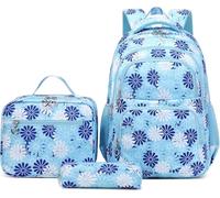 School Backpack Girls 3-Piece Set with Floral Print, Teenager Girls School Bag with Lunch Bag and Pencil Case, Lightweight Primary School Book Bags Casual Backpack Children, blue, leisure