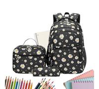 School Backpack Set - 23x16x43cm Large Capacity Bookbag, Nylon Polyester Construction, Floral Print Student Bag with Lunch Tote Pencil Case Included | Lightweight Travel for Primary Secondary