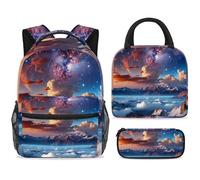 School Backpack Set with Lunch Bag Pencil Case, 3 Pcs School Bookbags Set Travel Rucksack Casual Daypack for Teens Girls Boys Primary Junior Middle - Galaxy Nebular Starry over Cloud Mountain