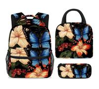 School Backpack Set with Lunch Bag Pencil Case, 3 Pcs School Bookbags Set Travel Rucksack Casual Daypack for Teens Girls Boys Primary Junior Middle - Blue Butterfly on Tropical Hibiscus Leave