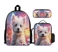 School Bag Cute Western Highland White Terrier School Supplies Bundle with Lunch Box Animal Dog Pencil Case for Boys Girls 11-13 Years Year 6-7, Practical Student Carry Organiser