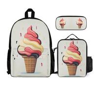School Bag Ice Cream Pattern with Lunch Box Food Print Pencil Case for Kids Age 6 Year 1, Lightweight Student Carry Set for Classroom Lessons and Weekend Activities