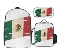 School Bag Kids 3 Piece Set Bookbag Set Mexico National Flag Laptop Backpack Lunch Bag Pencil Case Gift For Teen Boys Water-Resistant Lightweight
