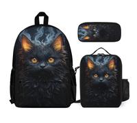School Bag Set Cat Motif with Lunch Box Kitten Black Pencil Case for Teens Age 11 Year 6, Organised Carry Collection for Weekend Activities and Study