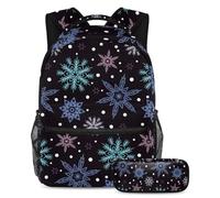 School Bag Set for Teen Girls Boys, Student Bookbag Backpack Rucksack with Pencil Case for School - Various Falling Snowflakes Pattern
