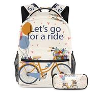 School Bag Set for Teen Girls Boys, Student Bookbag Backpack Rucksack with Pencil Case for School - Vintage Let's Go for a Ride Bicycle Floral