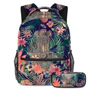 School Bag Set for Teen Girls Boys, Student Bookbag Backpack Rucksack with Pencil Case for School - Vintage Indian Emblem Lion Flowers Leaves Feathers Pattern