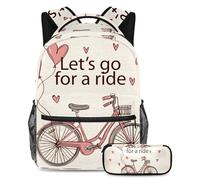 School Bag Set for Teen Girls Boys, Student Bookbag Backpack Rucksack with Pencil Case for School - Vintage Let's Go for a Ride Bicycle