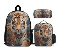 School Bag Tiger with Lunch Bag and Pencil Case for Children Age 8, Book Pack Animal Theme 3 Piece Set Year 5 for Girls Weekend Adventures and Sports
