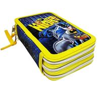 School Bag with 3 Compartments Batman Multi Compartment with 3 Layers with 3 Zip for School Complete 44 Pieces Pens Pencils Colours 18 Giotto Turbocolor Markers, Yellow/Light Blue, Pencil case with 3