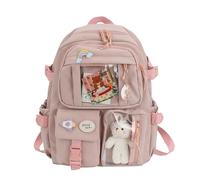 School Bags for Girls Cute Backpack with Bear Pendant Large Capacity Kawaii Rucksack with Cartoon Pin and Card Aesthetic Multi Pocket School Bag Back to School Teenage Secondary Primary Middle Pink