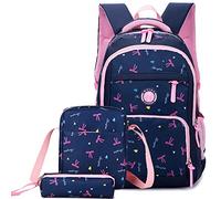 School Bags for Teenage Girls with Pencil case,Backpack Set Student Waterproof Bow Print Book Bag 7-16 Years Old 2-6 Grade Primary Middle School Travel Backpack (Blue)