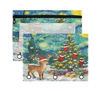School Binder with Clear Window Merry Christmas Starry Night 3 Ringing Binder Pocket Clear Window & Grommets Pencil case 3 Ringing for Classroom School Office Supplies 2 PCS