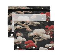 School Binder with Clear Window Soft Pencil case Japanese Style Tree Pearl Black in Assorted Colors Binders 3 Ringing for School, Office & Home 2 PCS