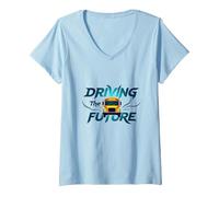 School Bus Driver Driving The Future Inspirational Quote V-Neck T-Shirt, Women, Baby Blue, M