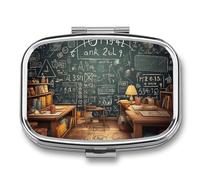 School Math Pill Box 2 Compartment, Portable Pill Case with Mirror for Pocket Purse Travel, Mini Metal Medicine Organizer for Vitamins Fish Oil