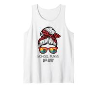 School Nurse Off Duty Messy bun Beach Sunset Funny Tank Top