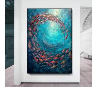 School of Fish Painting Canvas Prints Abstract Blue Underwater World Art, Ocean Painting, Living Room Wall Art 70x100cm framework