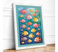 School of Fish Tropical Framed Wall Art Print A3 (42×29.7cm) White, Wall Decor for Living Room, Bedroom, Office & Home, Ready to Hang, Art Gift