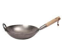 School of Wok - 12"/30cm Uncoated Carbon Steel Craft Wok, Flat Bottom, Beech Handle, for All Hobs, Serves 2-3 People