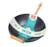 School of Wok - 14"/36cm Heavy Duty Non-Stick Carbon Steel Wok, Flat Bottom, Bamboo Handle