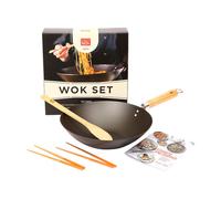School of Wok - Gift Set, Pre-Seasoned 12"/30cm Wok, with Spatula, Chopsticks & Recipe Booklet, for All Hob Types
