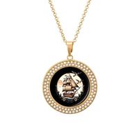 School Sailor Tattoo Clipper Ship And Swallows Pendant Necklace Round Diamond Necklace Golden-Color Jewelry Charms for Women
