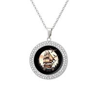 School Sailor Tattoo Clipper Ship And Swallows Pendant Necklace Round Diamond Necklace Silver-Color Jewelry Charms for Women