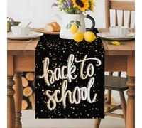 School Season Black Table Runner 13x70 Inches Long Modern Back To School Gold Shining Star Cotton Linen Table Runner Burlap Style for Dinner Table Party Decor Tabletop Decorations