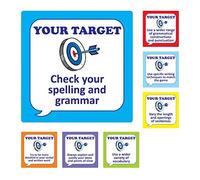 School Stickers - English Speech Bubble Target Stickers - 7 Different Feedback Messages - Eco-Friendly Teacher Marking Aid - UK Made Recycled Paper - 25mm Square