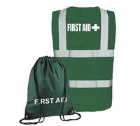School, Workplace & Sports Club First Aider Kit Bag - Printed Green Medical Kit Drawstring Sack Bag with First Aider Printed Enhanced Visibility Vest
