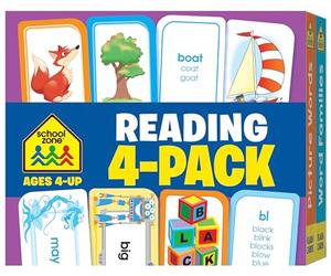 School Zone - Reading 4-Pack Flash Cards - Ages 4+, Kindergarten, 1st Grade, Sight Words, Phonics Made Easy, Word Families, Picture Words, ... Reading, Rhyming, and More (Flash Card 4-pk)