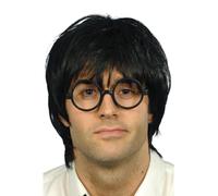 Mens Black Messy Wizard Boy Fancy Dress Wig with Round Glasses Book Day Adults