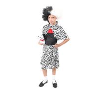 Girls Evil Dog Lady Costume - Large - Black Dress with Dalmatian Print Cape and Skirt and Red Gloves - Kids World Book Day Halloween Fancy Dress Costume