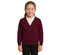 SchoolStitch® Girls Boys School Uniform Long Sleeve Cardigan, Kids Unisex Button up V Neck Jumper, Plain Sweater with Front Pockets, School Cardigans for Girls and Boys Age 2-13 Years Red Wine