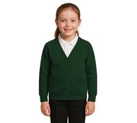 SchoolStitch® Girls Boys School Uniform Long Sleeve Cardigan, Kids Unisex Button up V Neck Jumper, Plain Sweater with Front Pockets, School Cardigans for Girls and Boys Age 2-13 Years Bottle Green