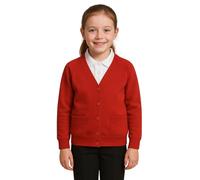 SchoolStitch® Girls Boys School Uniform Long Sleeve Cardigan, Kids Unisex Button up V Neck Jumper, Plain Sweater with Front Pockets, School Cardigans for Girls and Boys Age 2-13 Years Red
