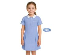 SchoolStitch® Girls Gingham School Dress, Kids Short Sleeve Zip up Check Print Pleated School Uniform Girls Summer Dress with Side Pockets and Hair Bobble, Ages 3-20 Sky Blue