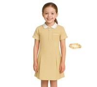 SchoolStitch® Girls Gingham School Dress, Kids Short Sleeve Zip up Check Print Pleated School Uniform Girls Summer Dress with Side Pockets and Hair Bobble, Ages 3-20 Yellow