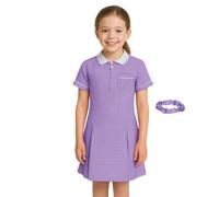 SchoolStitch® Girls Gingham School Dress, Kids Short Sleeve Zip up Check Print Pleated School Uniform Girls Summer Dress with Side Pockets and Hair Bobble, Ages 3-20 Purple