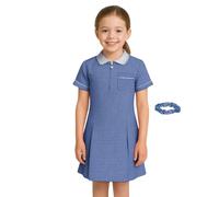 SchoolStitch® Girls Gingham School Dress, Kids Short Sleeve Zip up Check Print Pleated School Uniform Girls Summer Dress with Side Pockets and Hair Bobble, Ages 3-20 Navy