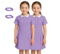 SchoolStitch® Girls Gingham School Dress, Pack of 2 Kids Short Sleeve Zip Up Pleated Check Print Summer Dress with Side Pockets and Hair Bobble, School Uniform Girls Ages 3-20 Purple