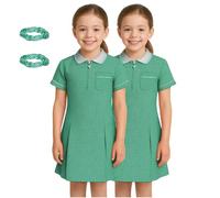 SchoolStitch® Girls Gingham School Dress, Pack of 2 Kids Short Sleeve Zip Up Pleated Check Print Summer Dress with Side Pockets and Hair Bobble, School Uniform Girls Ages 3-20 Bottle Green