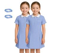 SchoolStitch® Girls Gingham School Dress, Pack of 2 Kids Short Sleeve Zip Up Pleated Check Print Summer Dress with Side Pockets and Hair Bobble, School Uniform Girls Ages 3-20 Sky Blue