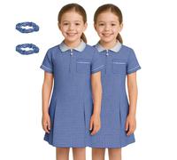 SchoolStitch® Girls Gingham School Dress, Pack of 2 Kids Short Sleeve Zip Up Pleated Check Print Summer Dress with Side Pockets and Hair Bobble, School Uniform Girls Ages 3-20 Navy